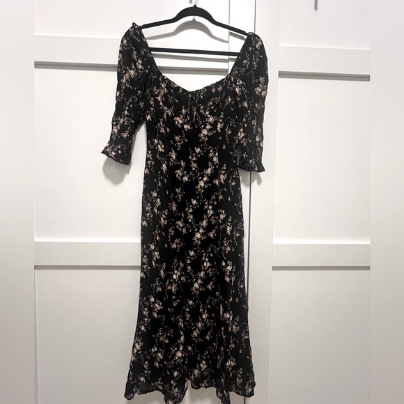 REFORMATION Clarissa Black Floral Print MARNIE Slit Crepe Midi Dress 2 - Picture 3 of 7